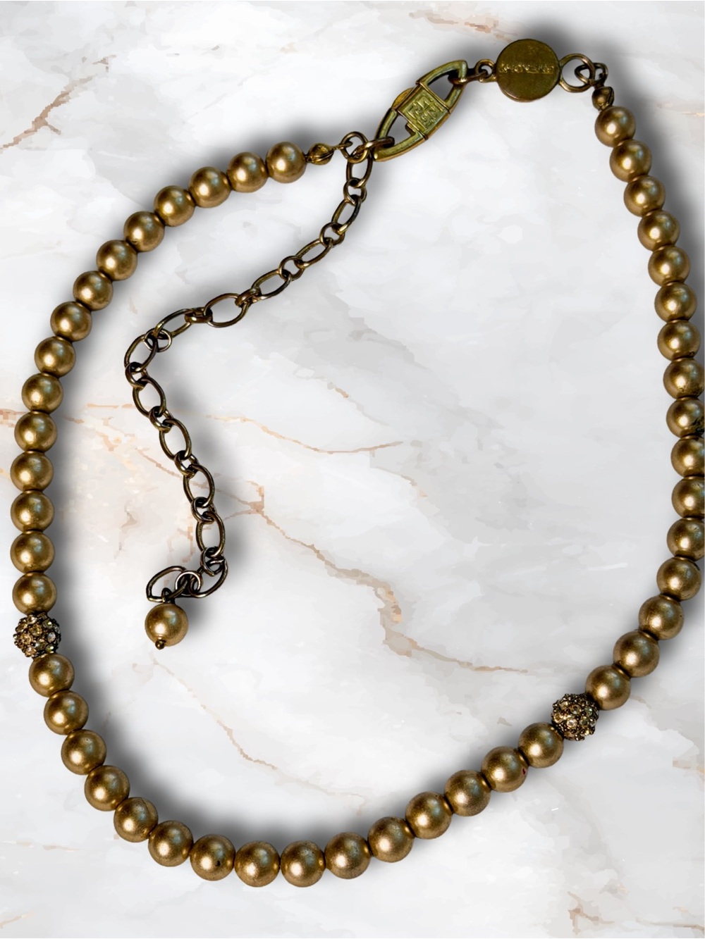 Vintage Givenchy Bronze Faux Pearl Choker Necklace Pavé Crystal Accents - Picture 7 of 17